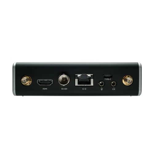Вид сзади (задняя панель с интерфейсными разъемами HDMI, 3G-SDI, Ethernet, USB Type-C, аудиовходом и выходом) комплекта Teradek Vidiu Go Deluxe с 2 модемами Vidiu Node II
