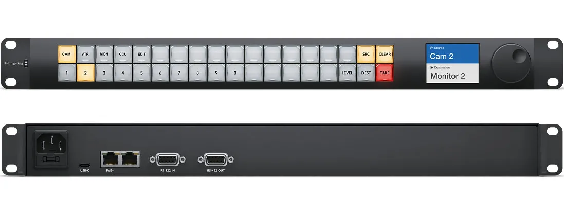 Вид спереди и сзади панели управления Blackmagic Videohub Master Control Pro