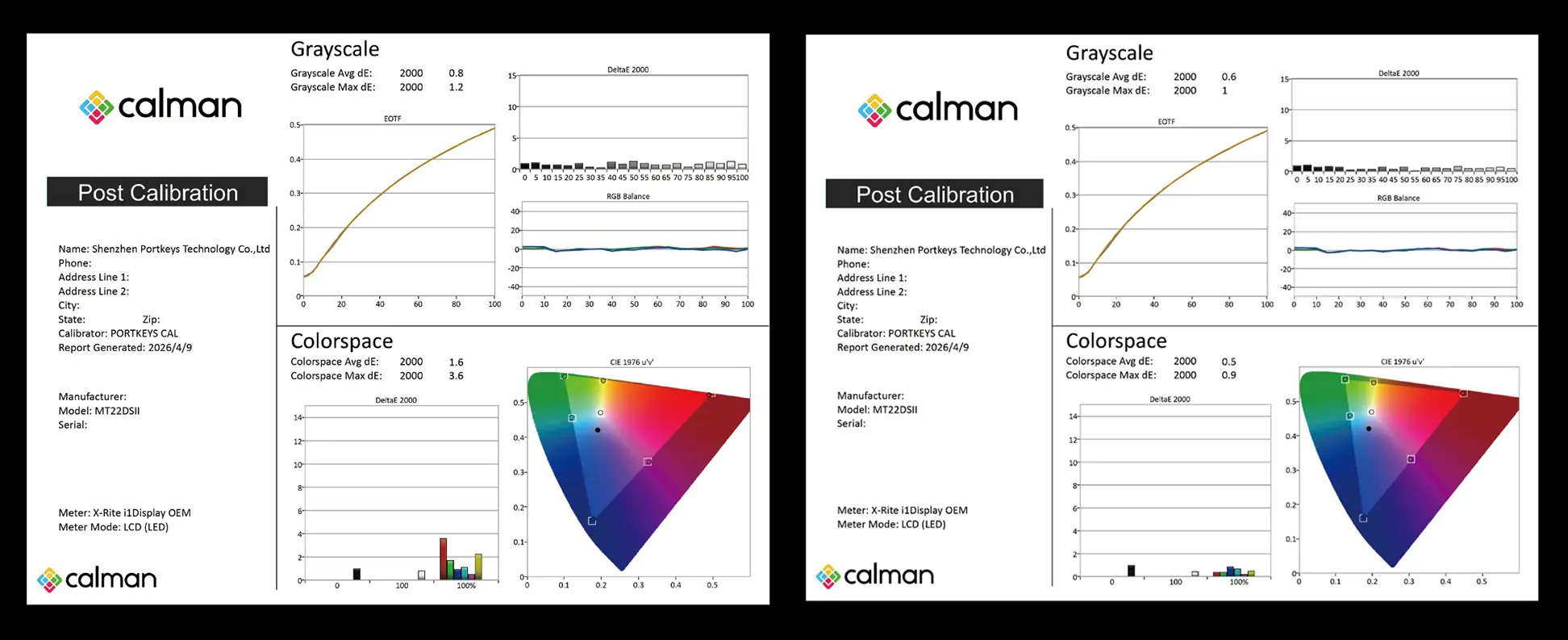 Сертефикаты о заводской калибровке монитора Portkeys MT22DS II