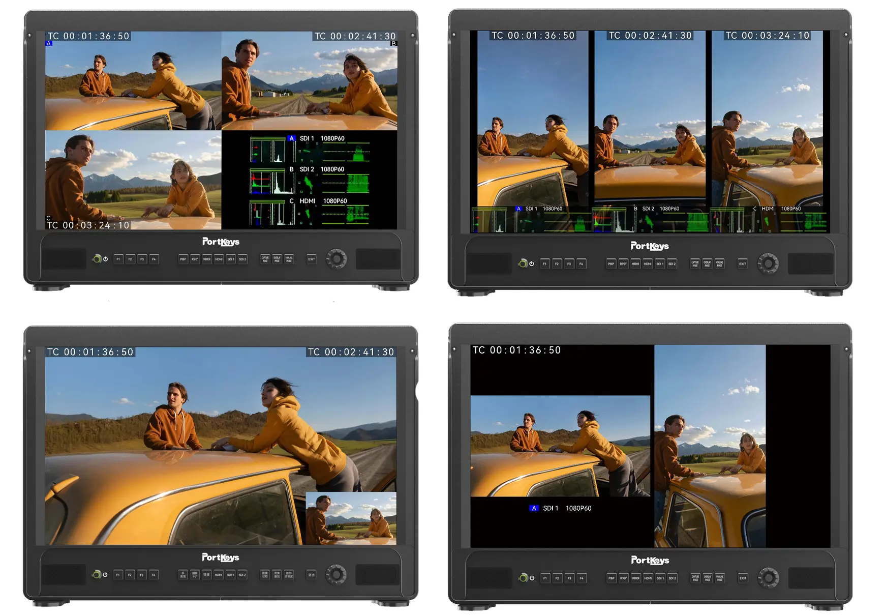 Разные варианты мультиэкранного просмотра на мониторе Portkeys MT22DS II